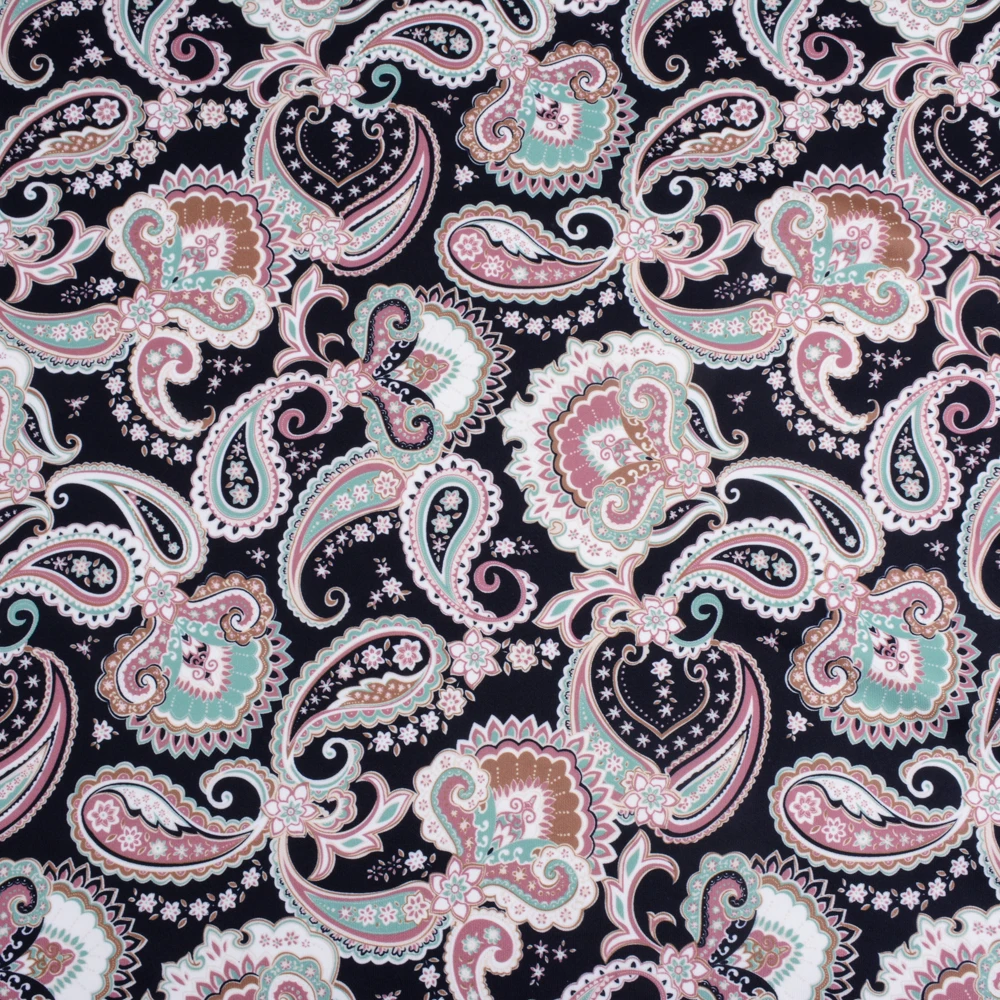 
Hot selling classic paisley printed double side plain polyester stretch spandex fabric 