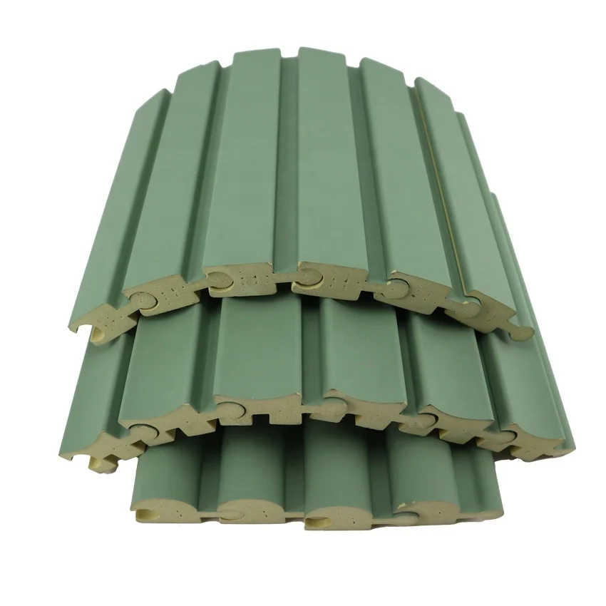 European design Good Quality PVC Solid Wooden Slat Rotating Grille Wall Panel Curved WPC Wall Panel for reception decoration