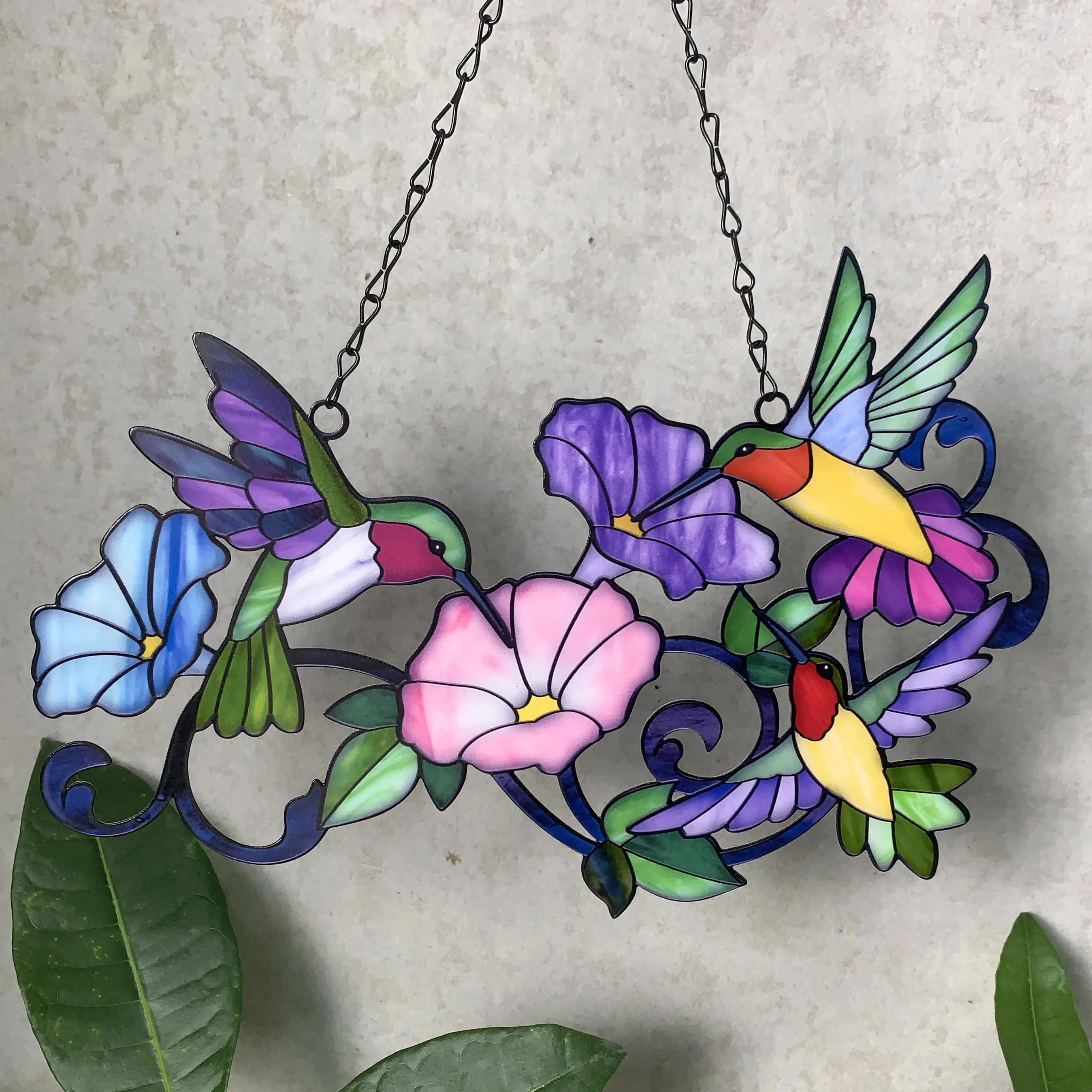 Flower Stained Glass Suncatcher Window Hangings Stained Glass Suncatcher With Three Birds And Morning Glory