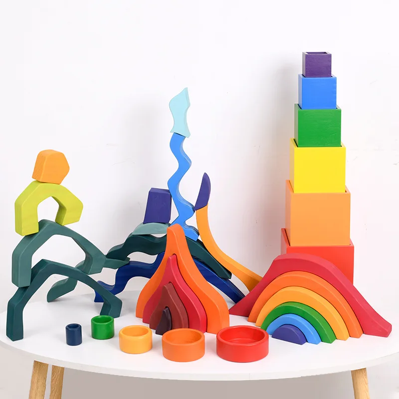 Wooden Rainbow Blocks Toy Custom Educational Grimms Wooden Rainbow Toys Rainbow Stacker
