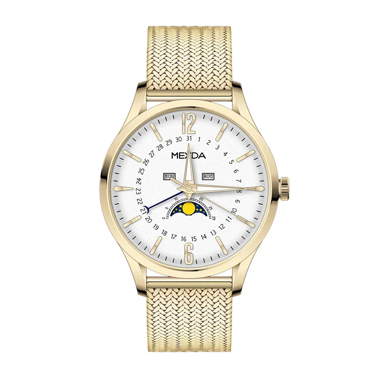 mexda brand high quality rose gold 316L stainless steel case quick release mesh band men moon phase multifunction watch