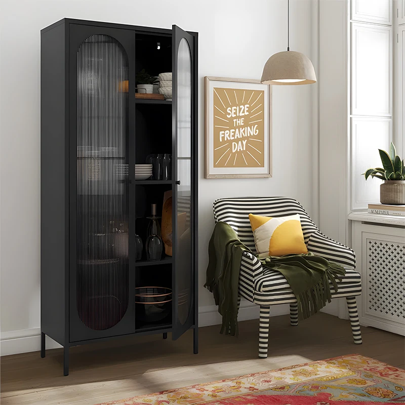 Factory Sales Steel Storage Furniture Storage Sideboard Cabinet Black Bar Cabinet Luxury 2 Glass Door Display Cabinet