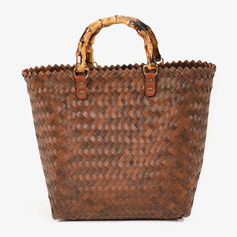 Bamboo Shape Handle PP Straw Woven Bag Girls Trendy Hand Bags For Woman Fashion Purses Big Capacity Shopping Bags