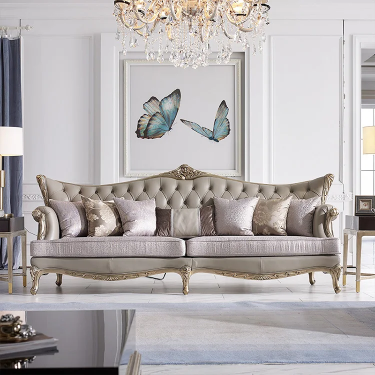 Modern Customized Light Luxury Royal French Designer Carved Solid Wood Upholstered Living Room Sectional Genuine Leather Sofa