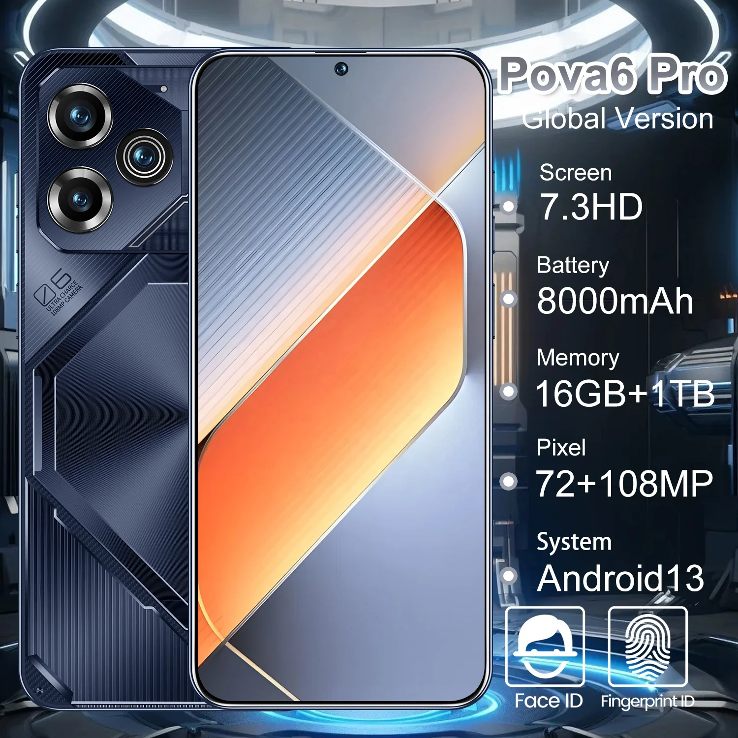 New Style Pova 6 pro 16GB+1TB 108MP HD Camera 7.3 Inch 10 Core 5G Smartphone Double Sim Card Android 13 CellPhone