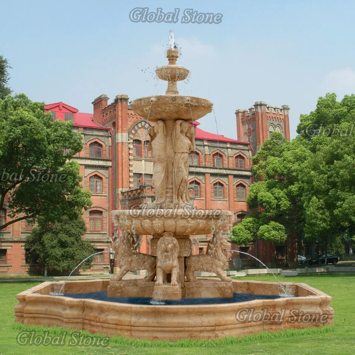 Fancy Custom Hand Carved White Marble Water Fountains with lion sculptures for Outdoor Garden