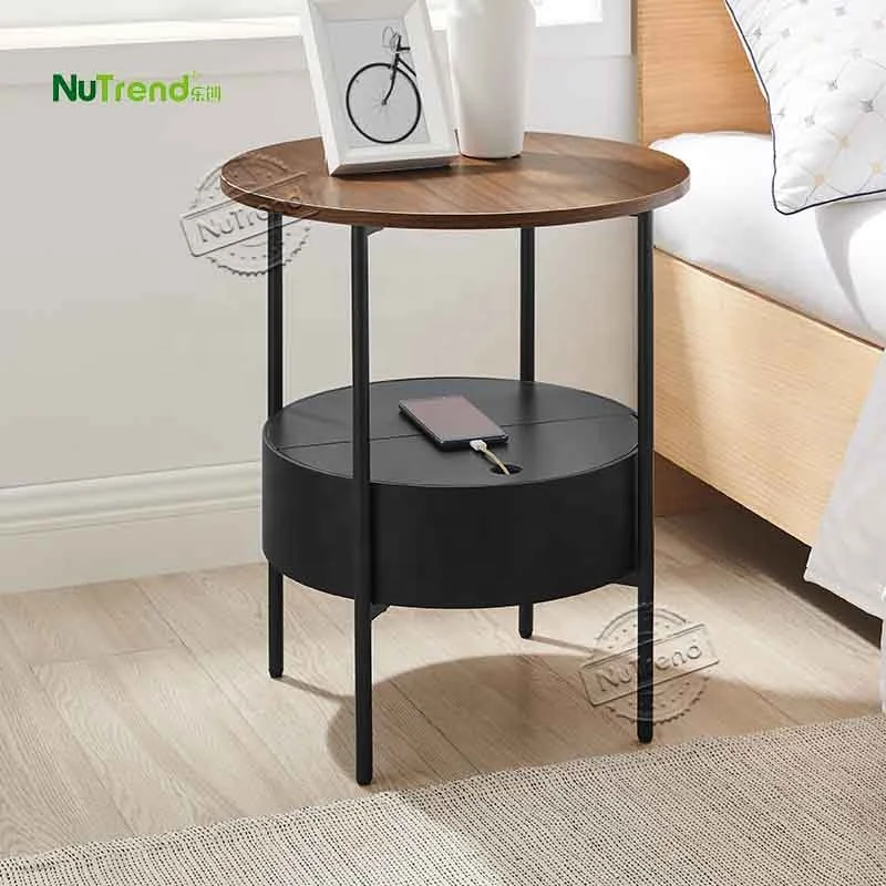 Wooden and Gold Metal MDF Round Small Kids Bedroom USB Nightstands Nordic Living Room Sofa End Bed Modern Side Table