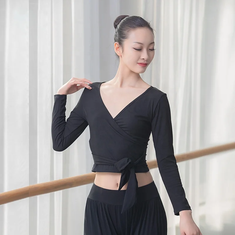 
Modern dance yoga costume Ice silk long sleeve V-neck lace-up dance tops 