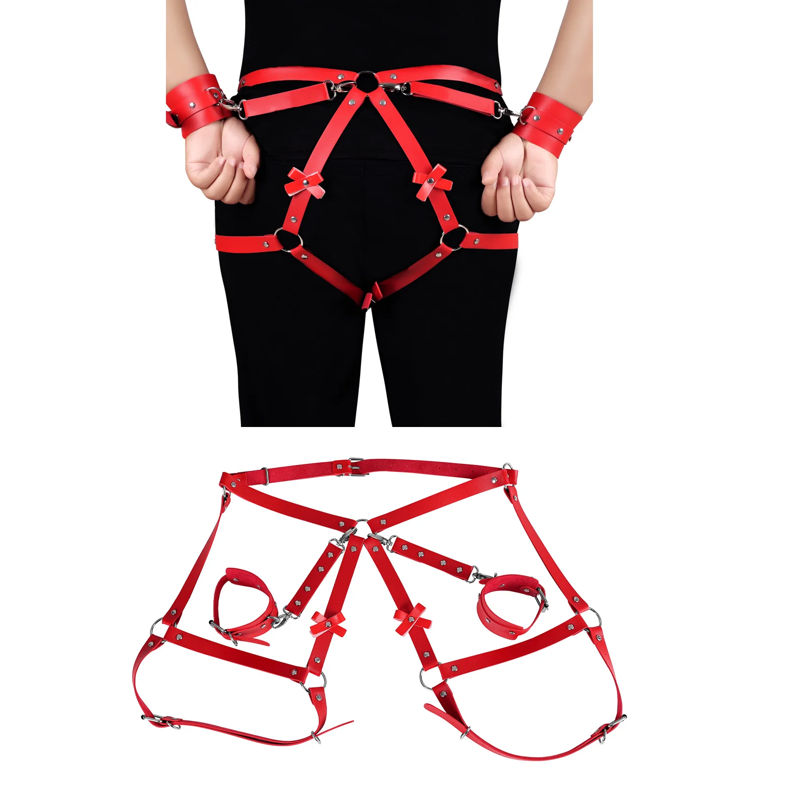 Woman Bondage Harness Tools Couples Handcuffs Buttocks Leather Bow Garter Belt BDSM Bondage Erotic Accessories Belt