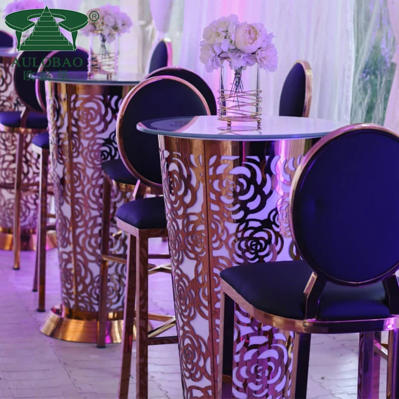 Rechargeable golden stainless steel round led light up bar table