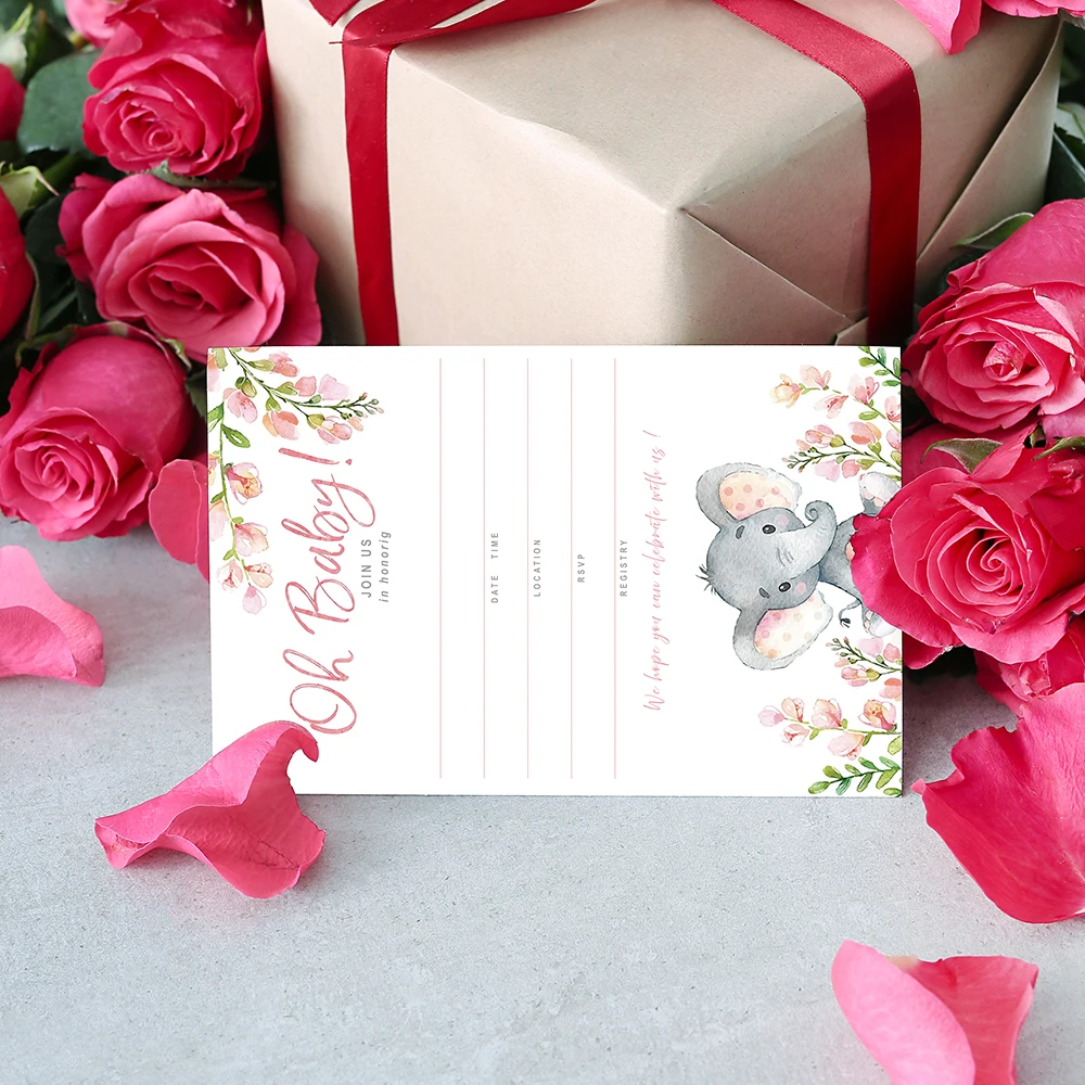 PAFU Floral Pink Blue Elephant Invitations for Boy Girl Set of 25