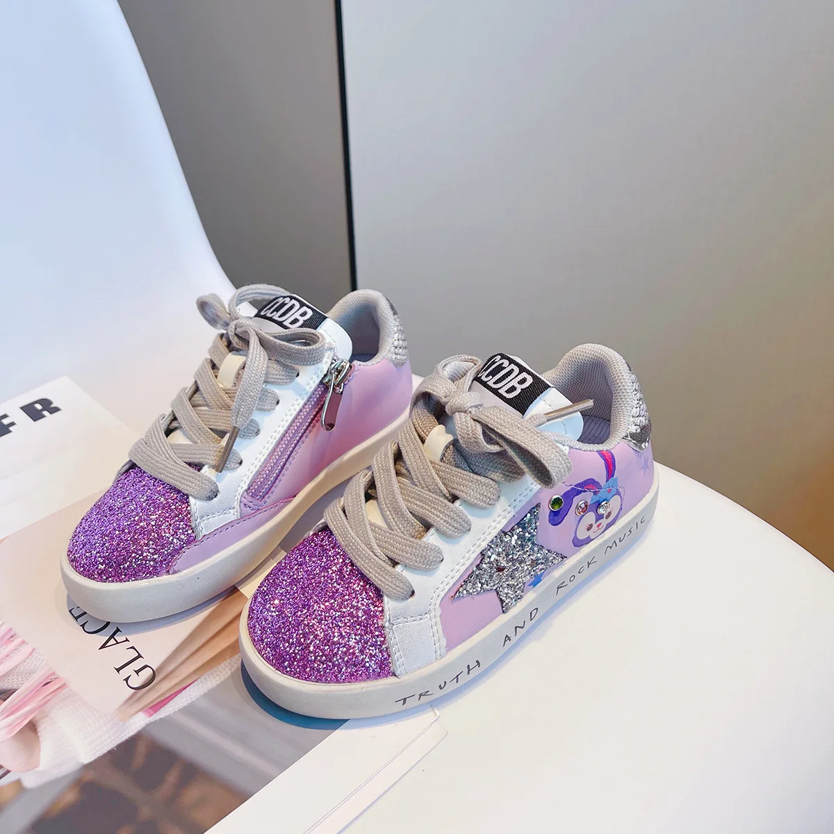 Rock Star Bunny Sneaker Purple Sparkle Glitter Sneaker With Star and Graffiti Funky Fairy Low Top Trainers