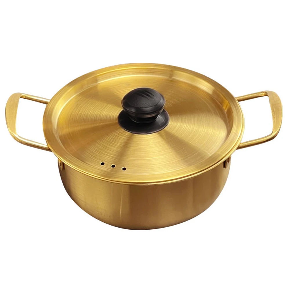 Korean Golden Metal Cooking Soup Pot SaucePan Stockpot For Restaurant Kitchen Stainless Steel Ramen Noodle Pot with Lid Handle