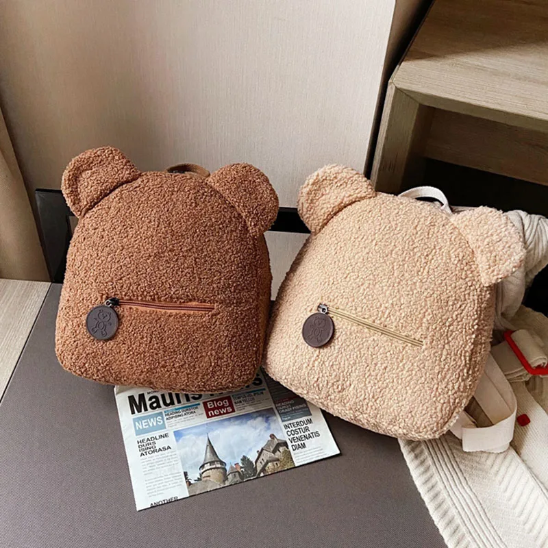 Kids Backpack For Girls Cartoon Bear Ear Plush Bag Fleece Boys Girls School Bags Fashion Korean Women Mini Cute Backpack Bags