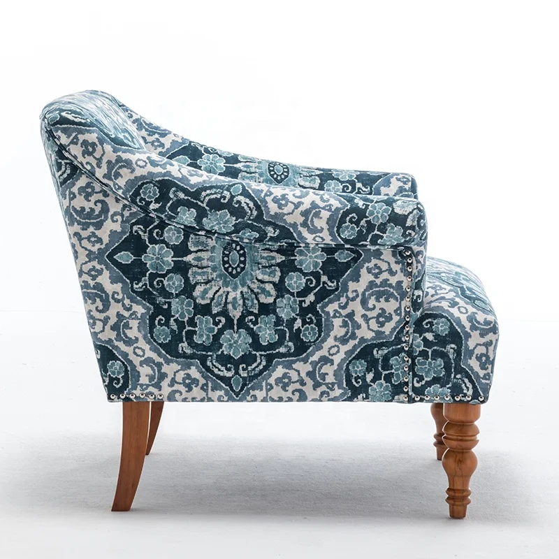 American style armrest sofa wooden legs print fabric big leisure chair