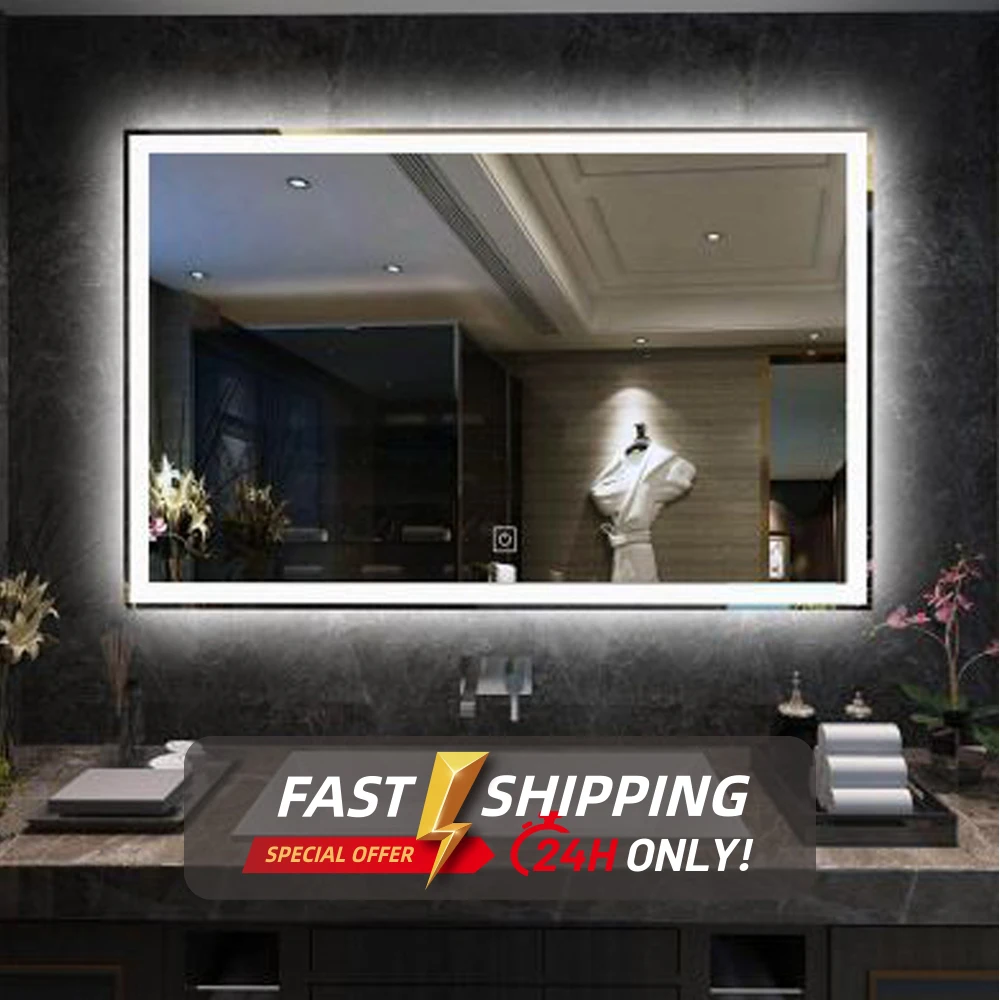 Роскошное противотуманное настенное зеркало для ванной со светодиодными лампами и сенсорным датчиком