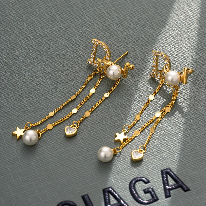 Fashion Classic Star Love Heart Luxury Designer Letter D Pearl Tassel Earrings for Women Inspired Jewellery