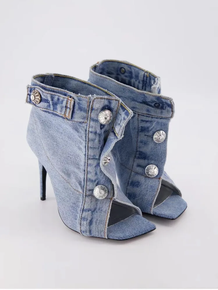 Summer Square Open Toe High-Heeled Short Boots Denim Ankle Boots Stiletto Sandals Buckles Jeans Women Shoes