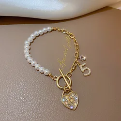 Barlaycs String Bracelet Charm Designer Gold Plated Pearl Beaded Link Chain T Buckle Rhinestone Heart Dangle Jewelry for Women