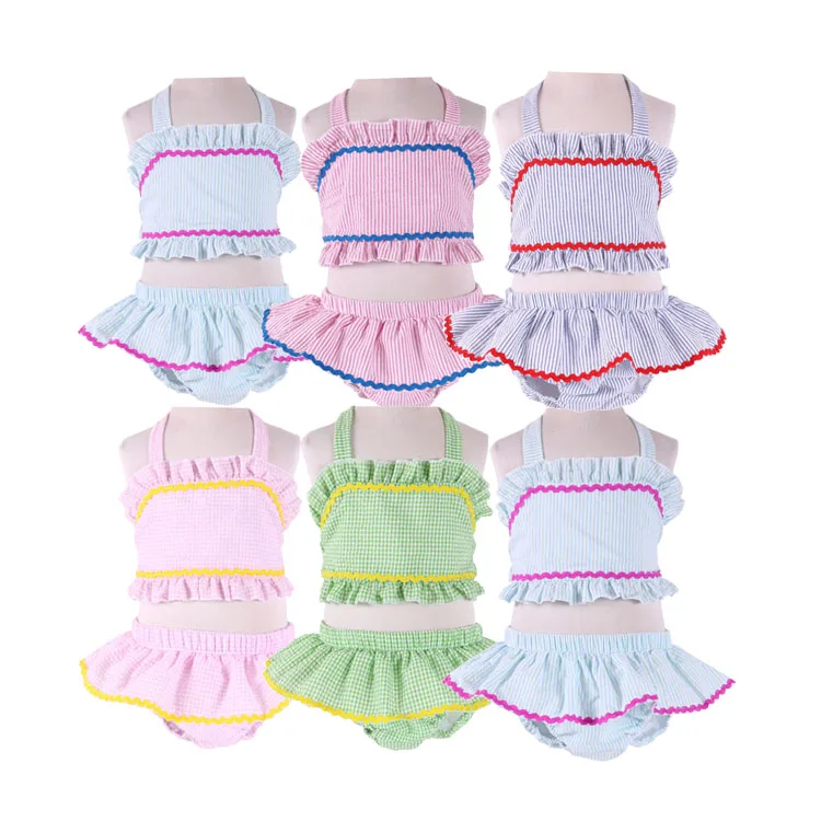 Hot cute children swimwear two piece bikini seersucker soft split baby girls beachwear suit