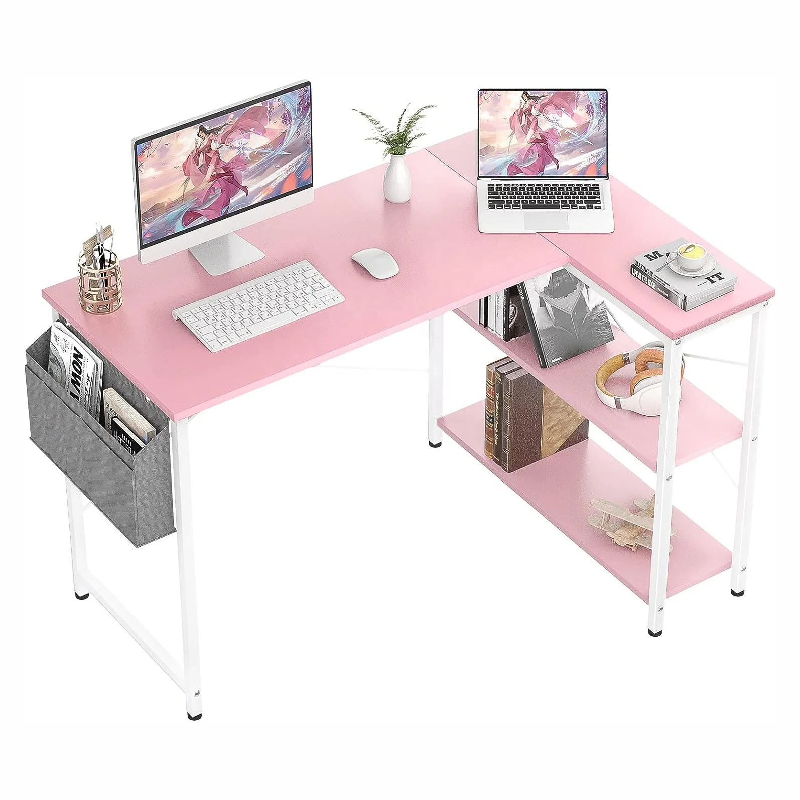 Розовый угловой компьютерный стол розовый с хранилищем L-образный компьютерный стол с двусторонними полками для хранения для домашней офисной рабочей станции