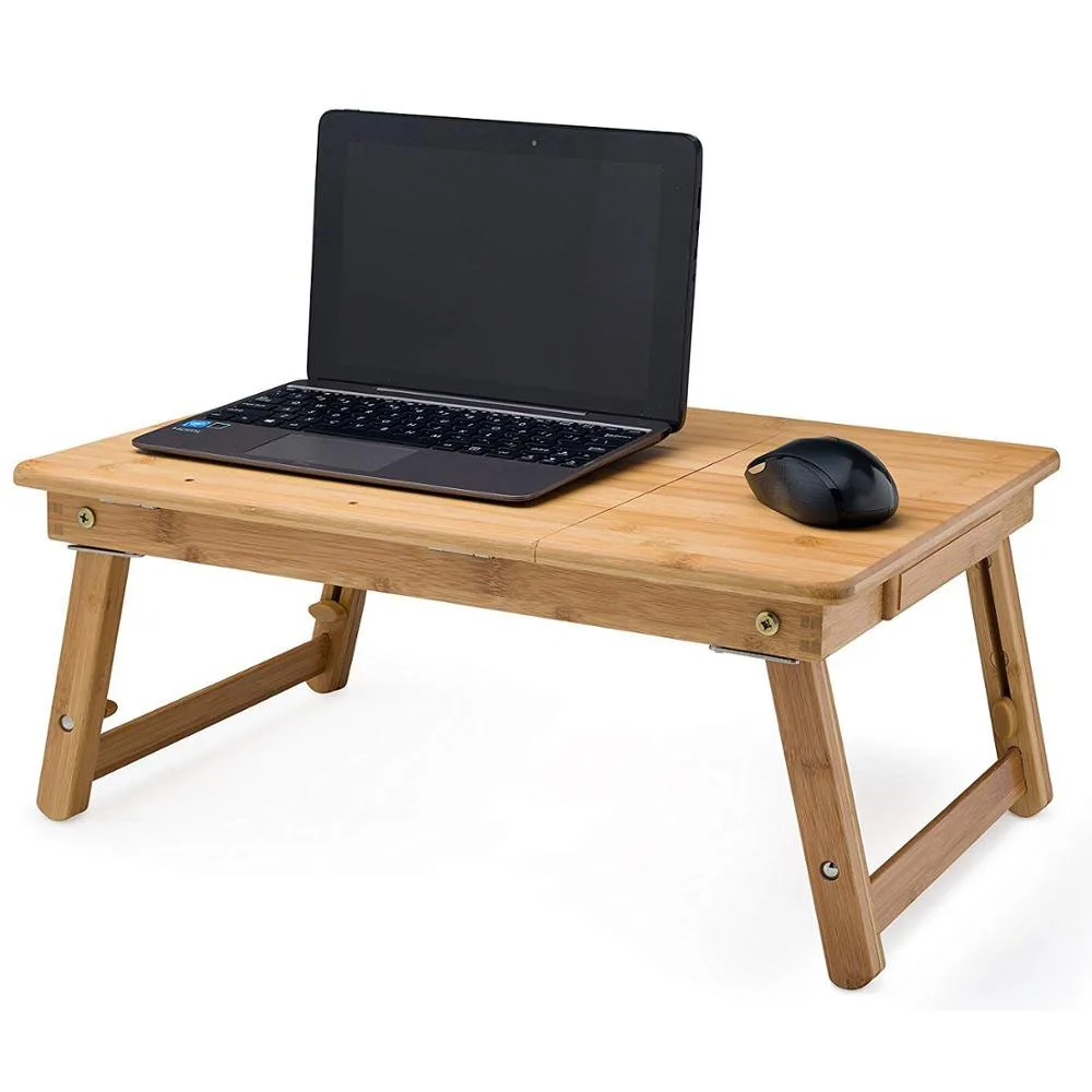 
Bamboo Laptop Stand Adjustable Portable Computer Table with Drawer on Bedroom 
