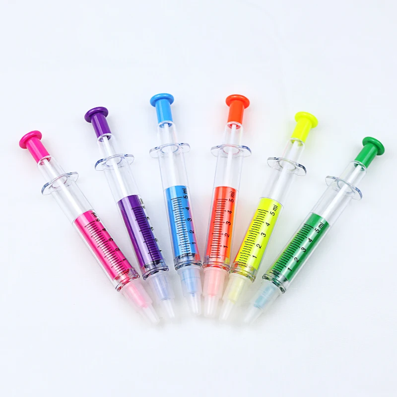 BECOL Wholesale Creative Student Highlighter Marker Pen 2 in 1 Double Head Syringe Shaped Ballpoint Pen for Students