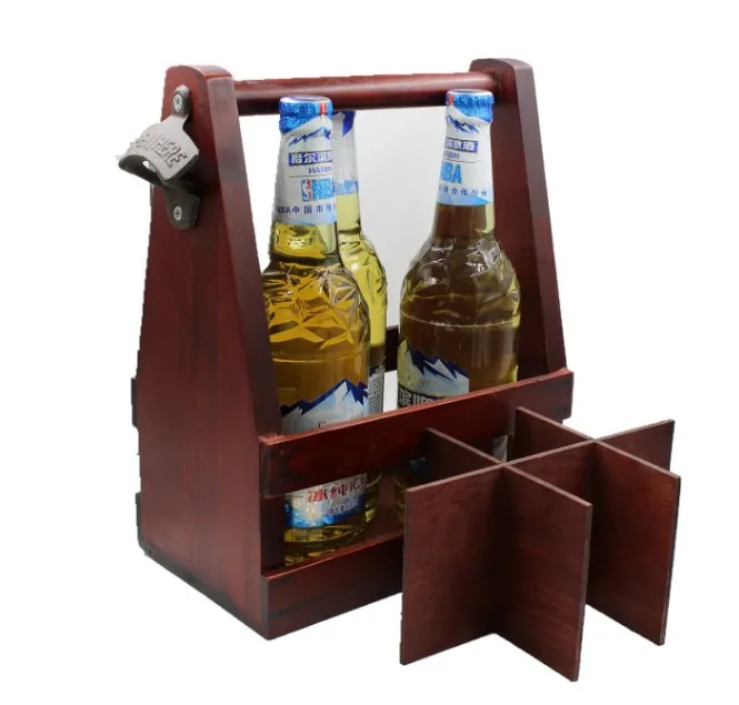 Customized high quality wooden beer bottle carrier with opener