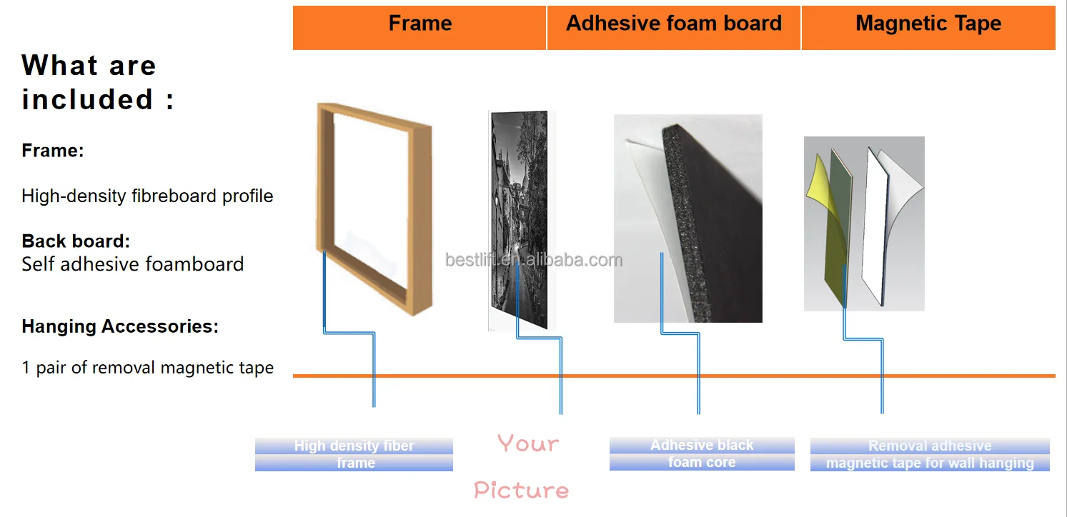 8x12inch Black White Light Wood Picture Photo Frame with Magnetic Sticker No Nail No Damage to Wall