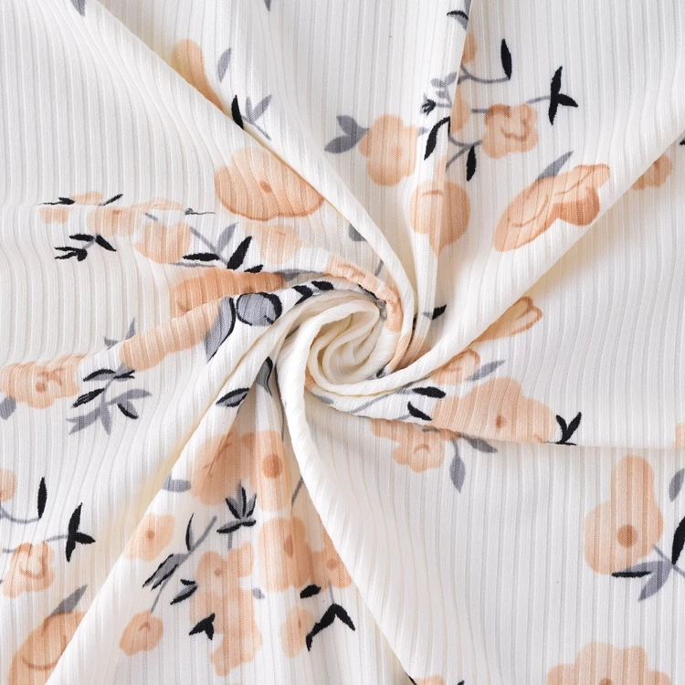 2023 New designed good quality flower printed brushed 4x2 rib fabric for women dress