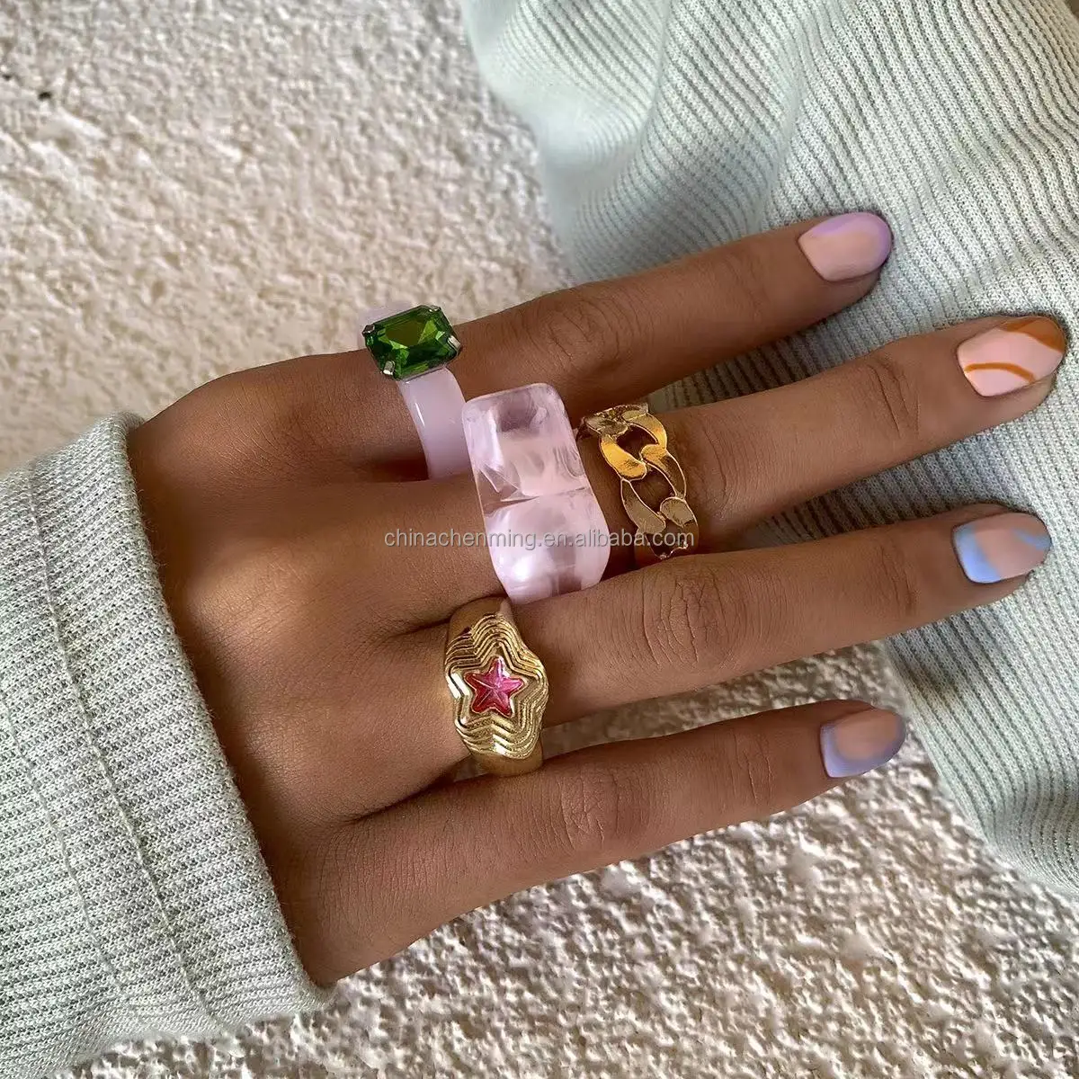 2022 Hot Selling 4PCS/SET Colorful Transparent Acrylic Irregular Marble Zircon Resin Rings for Women Girls Jewelry