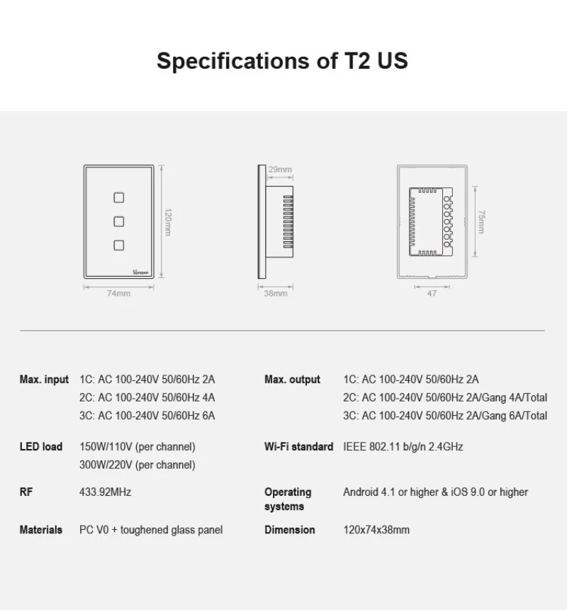  Умный настенный сенсорный выключатель Sonoff T2 Wi-Fi 1/2/3 клавиши