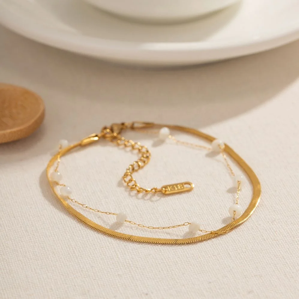 A335 18K Gold Plated Stainless Steel Blade Chain Flat Snake Chain Round Shell Bead Anklet