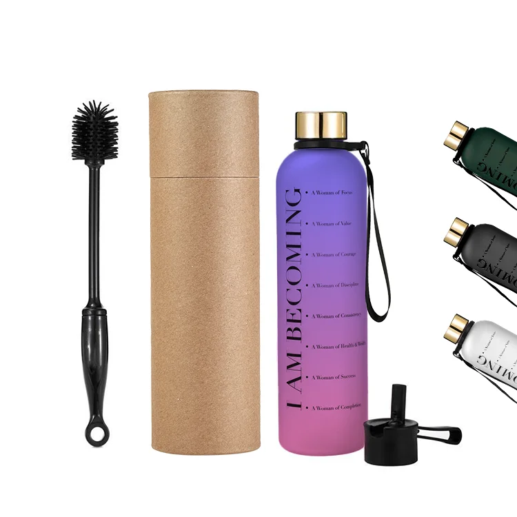 32 OZ motivational fashion Ready to ship water Bottle With Time Marker To Drink BPA Free Frosted Plastic