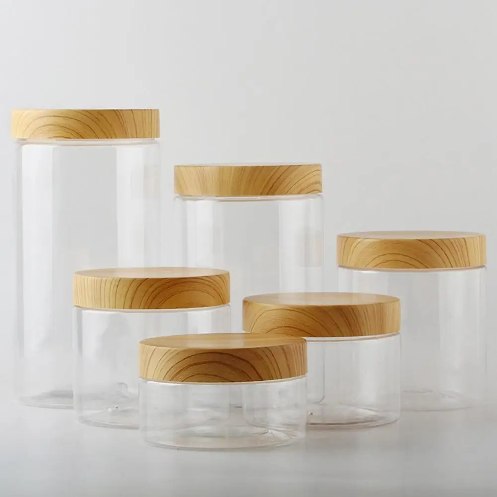 new design empty 30ml 50ml 100 ml 4 oz 200 ml 8 oz 250 ml 300 ml 500 ml bamboo wood lid round frosted clear plastic pet jars
