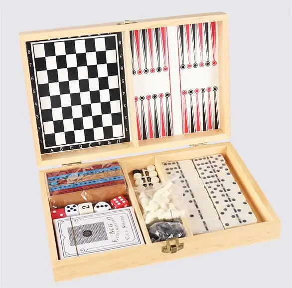 Hot selling 5 in 1 Multi function chess set wooden luxury chess checker and backgammon gift for kids including poker and domino