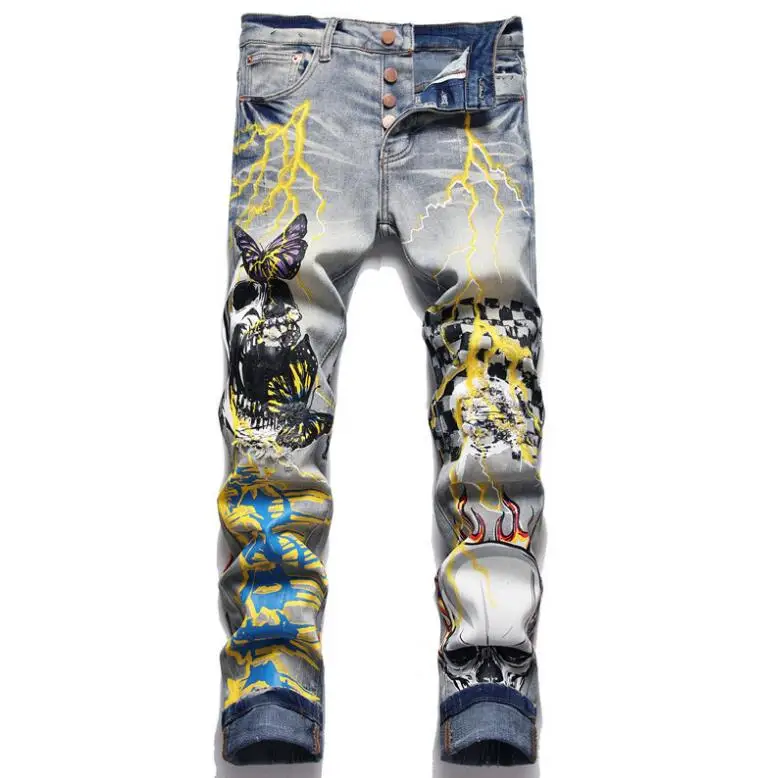Men Black Skinny Denim Jeans Butterfly Pattern Street Wear Holes Long Jeans Pants Men Stretch Casual Denim Pants Jeans