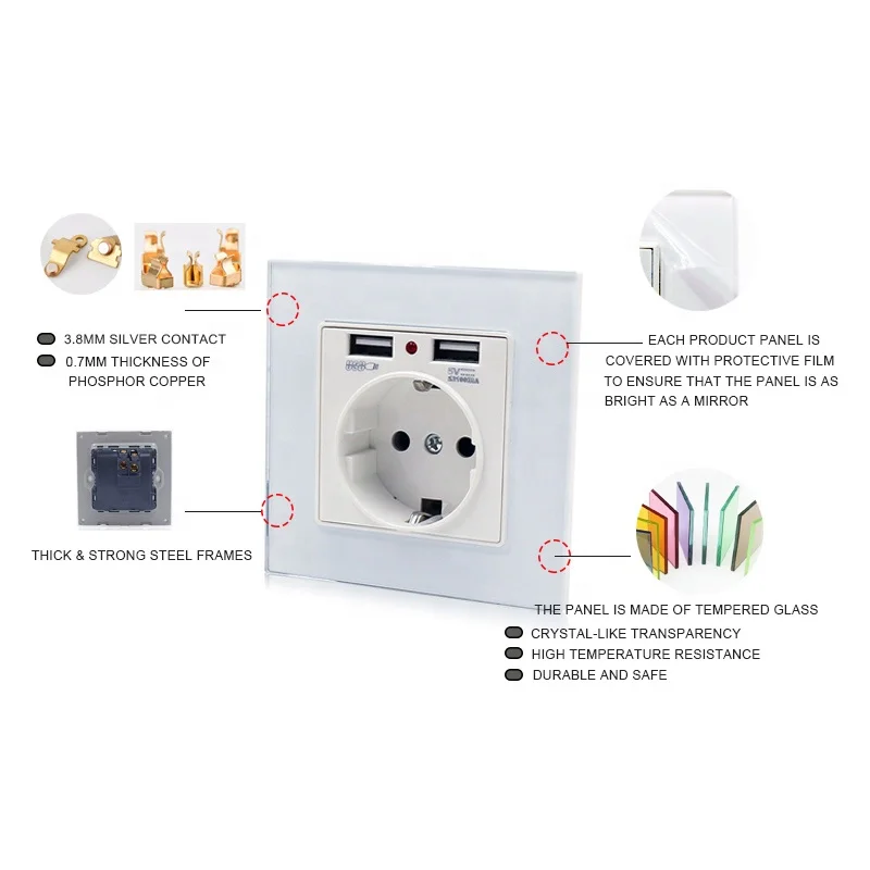 European standard wall schuko socket with 2 USB charger ports electrical 1 gang socket outlet with usb