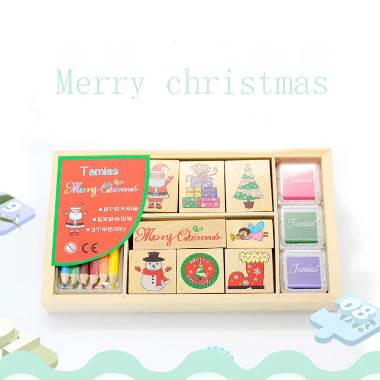 2024 new design toys for christmas Wooden Rubber Stamp kids christmas stamp toys
