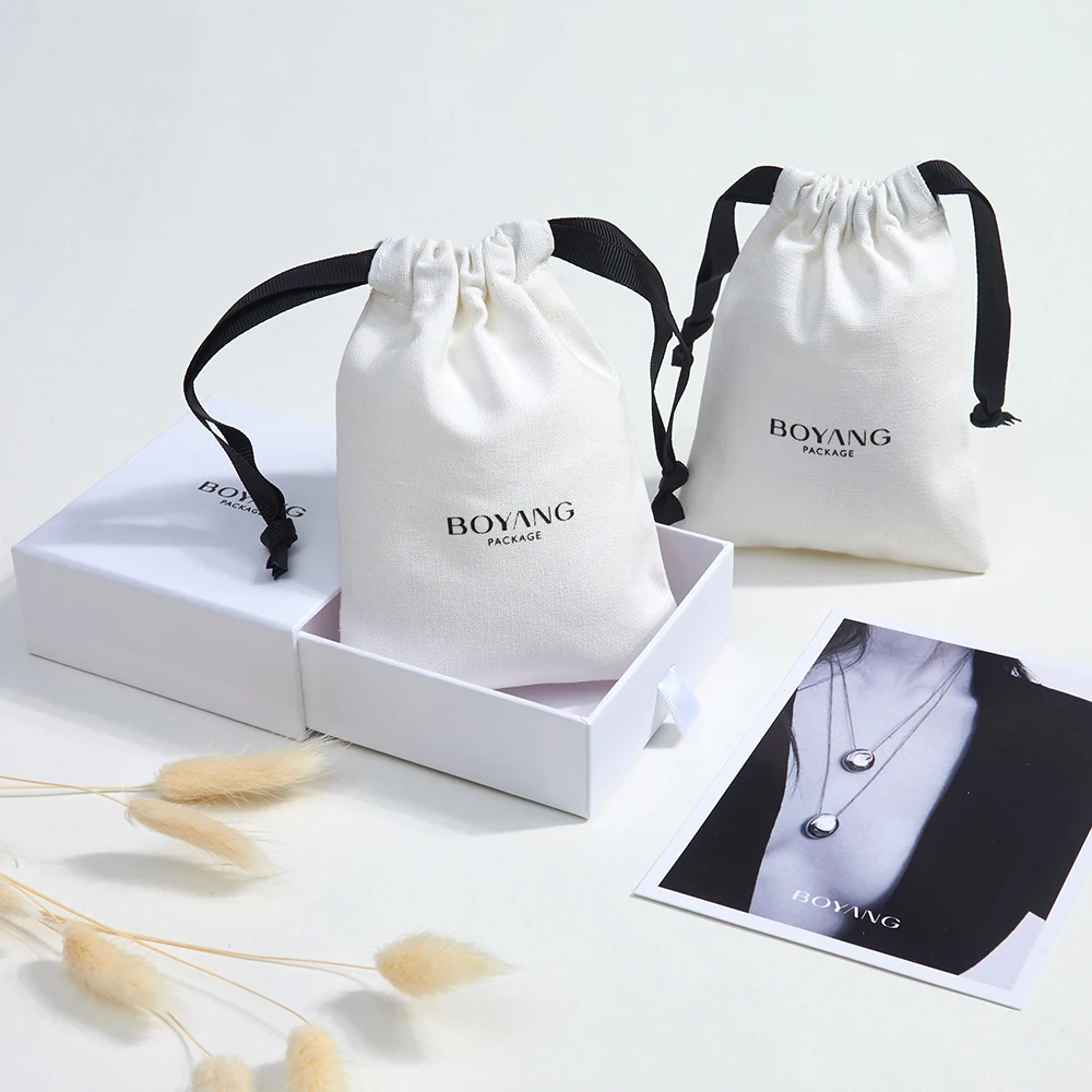 Custom White Eco Friendly Necklace Earring Gift Packaging Cotton Canvas Jewelry Drawstring Bag Pouch