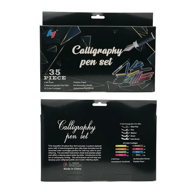 HY Gift Calligraphy Pen Set 35 Pieces/ 4 Pens 5 Nibs 22Ink Cartridges 1ink Pump 1 Instruction Booklet 1practice Paper