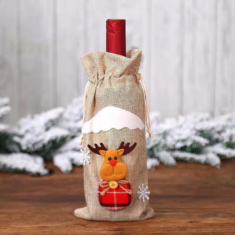 Hot Selling Cross-Border Christmas Wine Set Jute Champagne Bottle Bag Christmas Decoration Bar Restaurant Party Table Atmosphere