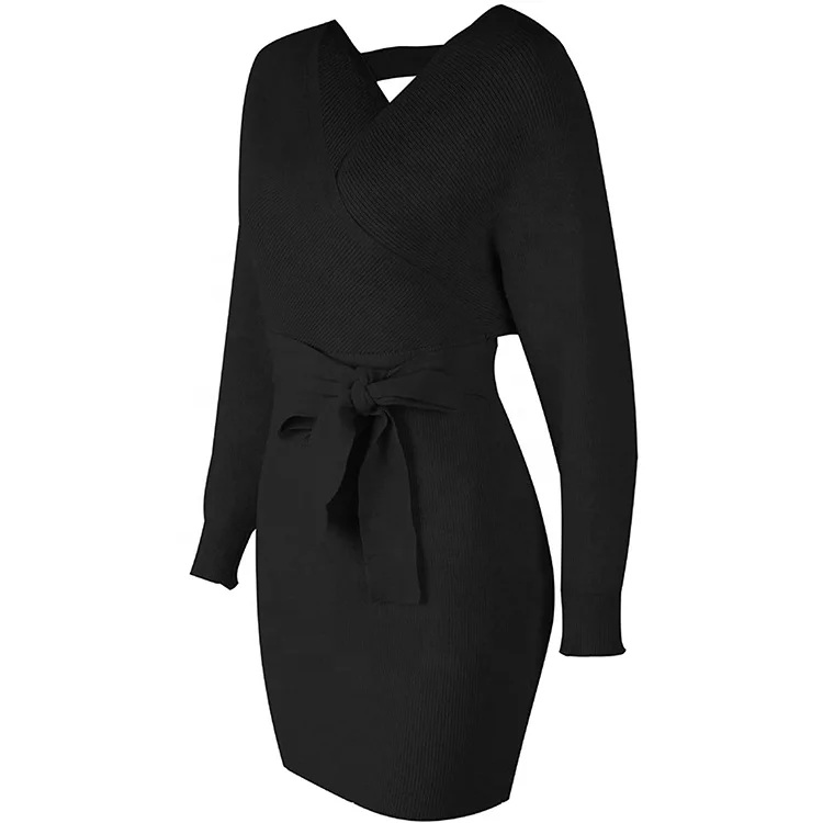 2022 Factory wholesale sexy wrap sweater dress long sleeve strappy backless mini knit dress