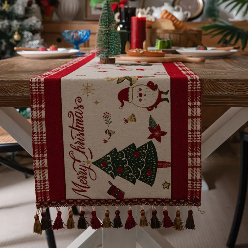 New Customization Christmas Knitted Fabric Tassel Home Grid Table Decor Table Runner for Winter Dining Farmhouse.