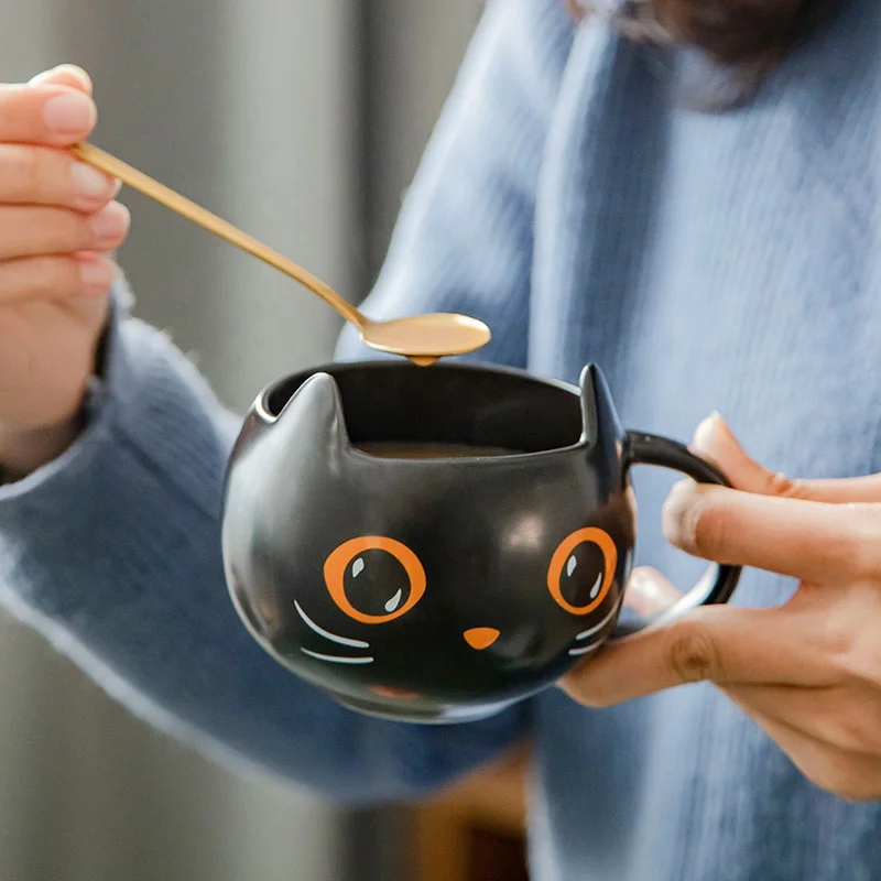 Custom Halloween Decoration Magic Hat Black Matte Mystery Cat Cup with Spoon and Lid