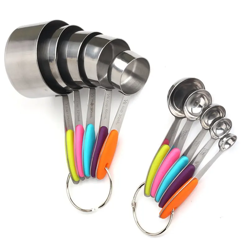 Silicone Handle Measuring Cup 10 Pieces Colorful Stainless Steel Handle Measuring Cup Spoon