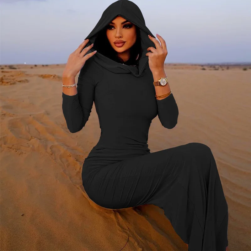 Wholesale Solid Color Slim Fit Dresses Women Lady Elegant Celebrity Style Long Step Wrap Hip Skirt Casual Hooded Dress