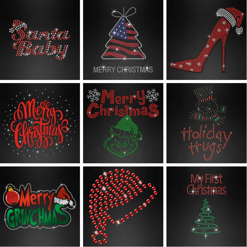 Custom Rhinestone Merry Christmas Santa Deer Tree Rhinestone Bling Iron on Rhinestone Transfer