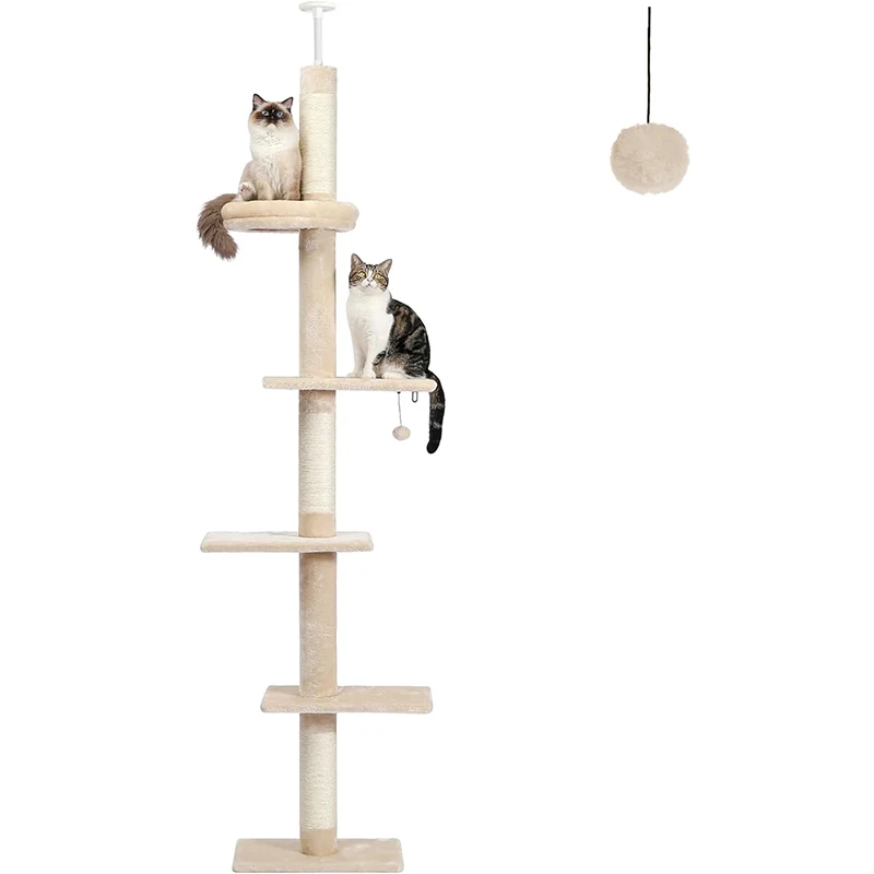 Башня для кошек 5-ярусная от пола до потолка регулируемая высота дерево лазания с когтеточкой уютная кровать