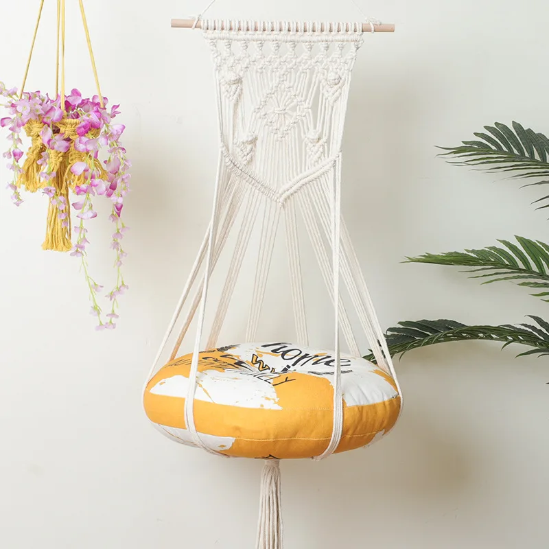Hot Sale Removable Hand-Woven Window Perch Flat Pack Wooden Dog Bed Pet Swing Bed Basket Hanging Boho Macrame Cat Hammock Bed